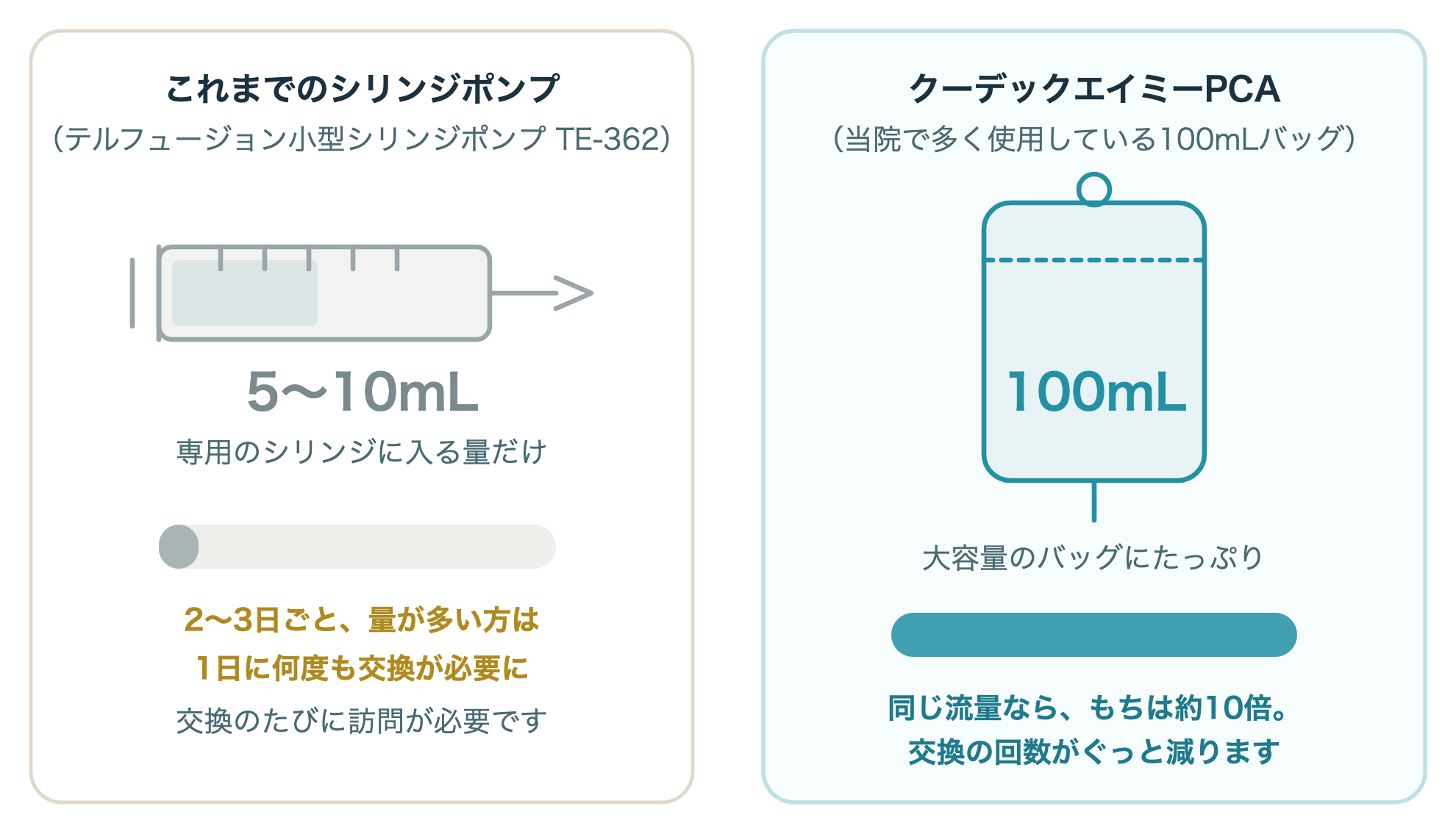 10mLシリンジと100mLバッグの容量くらべ