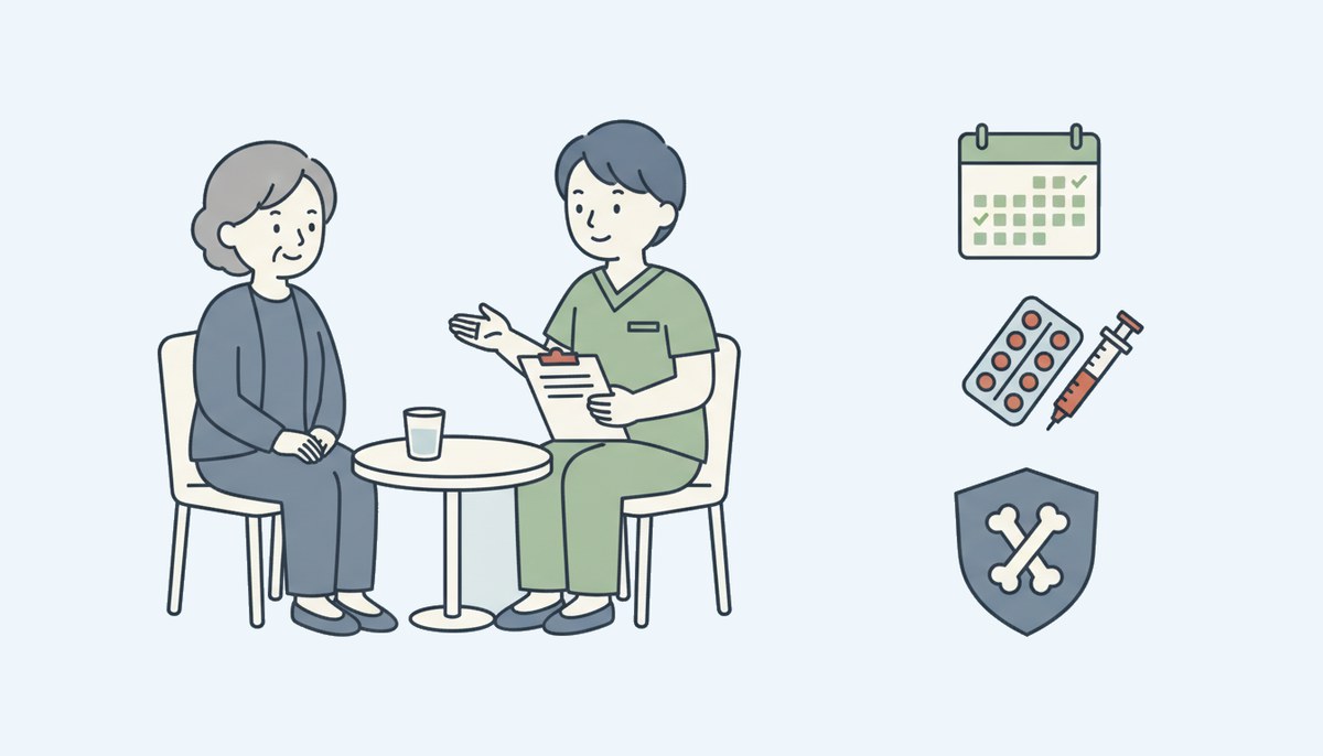 骨粗鬆症の治療を続けると骨折を防げることを示すイラスト