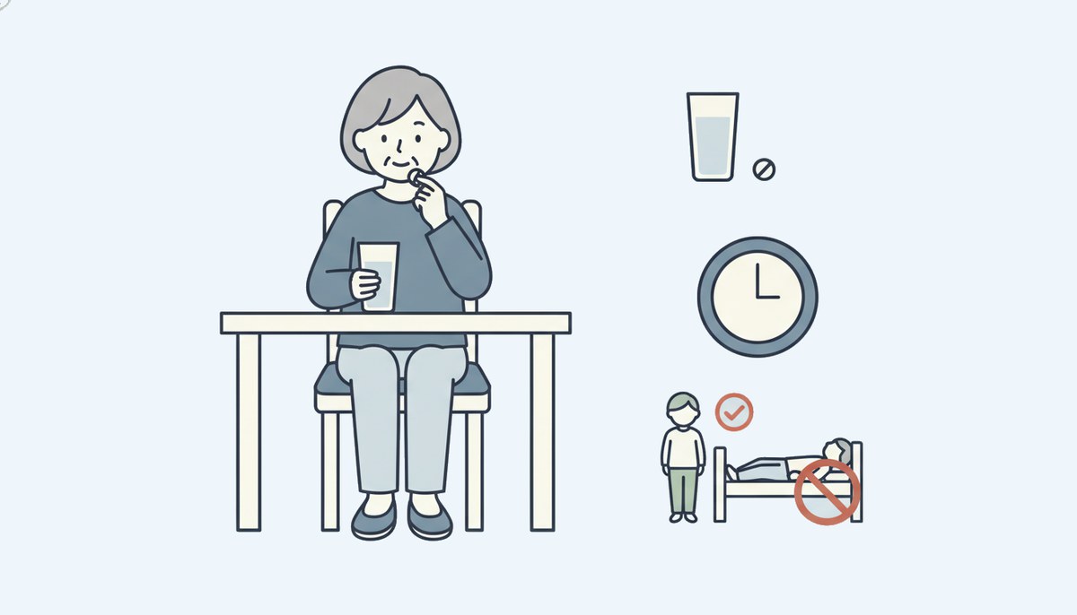 飲み薬をコップ1杯の水で飲み、30分は横にならないことを示すイラスト